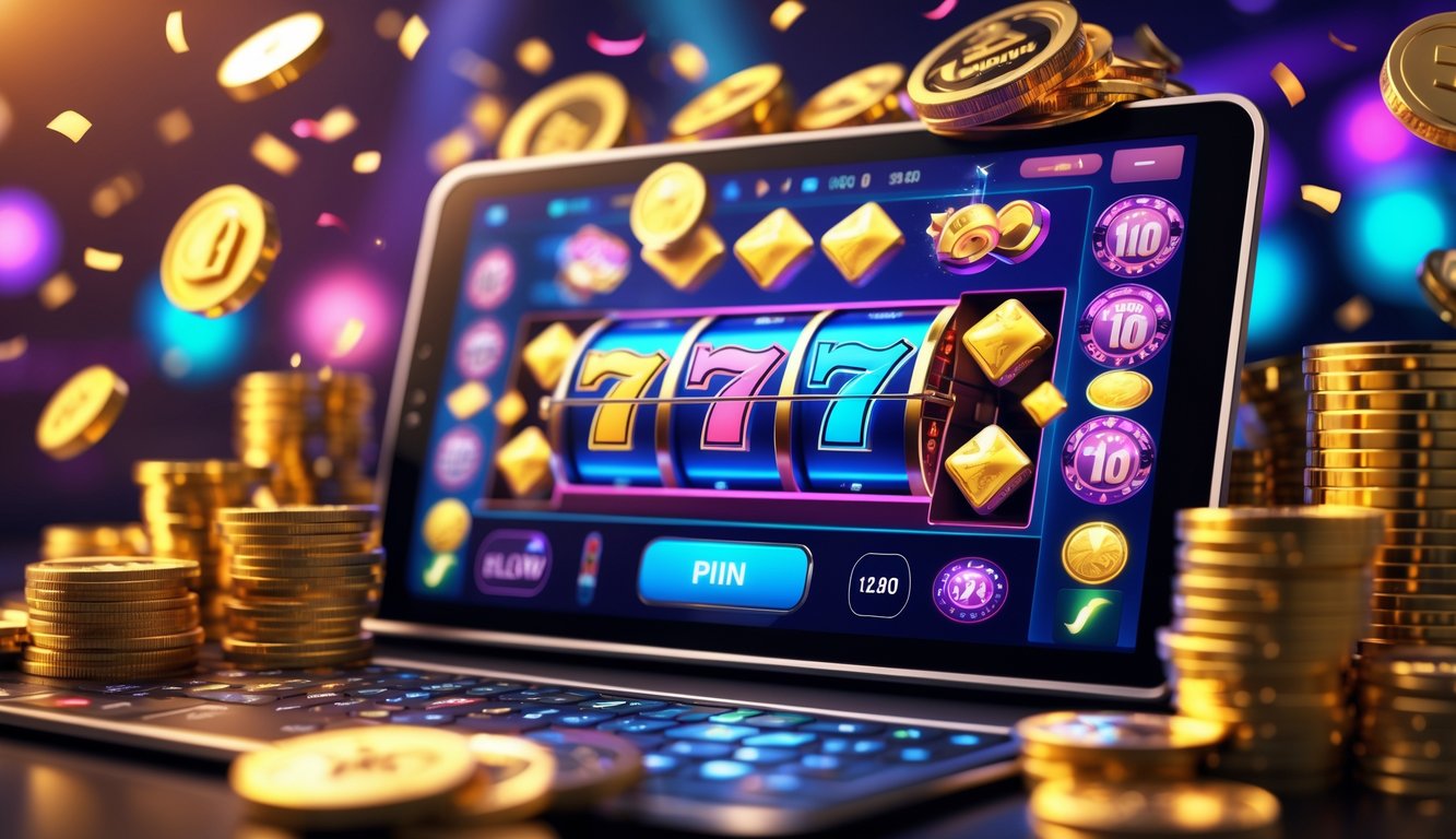 Seorang pemain sedang menggunakan perangkat digital dengan layar menampilkan mesin slot online yang penuh warna dan simbol jackpot, dikelilingi oleh tumpukan koin emas dan dekorasi perayaan.