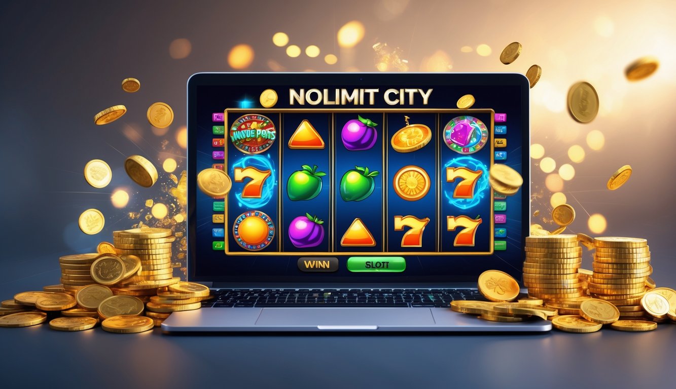 Seorang pemain sedang bermain mesin slot online dengan layar komputer menampilkan grafik slot yang berwarna-warni dan koin emas serta tumpukan chip kasino di sekitarnya.