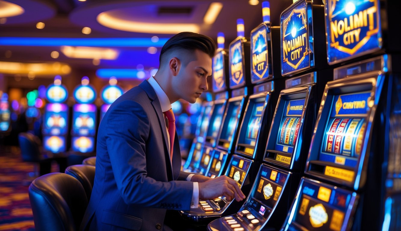 Seorang pria berpakaian rapi sedang memilih mesin slot di kasino yang terang dan modern.