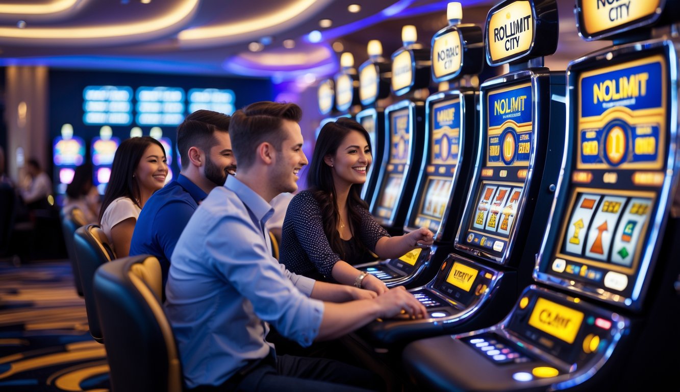 Orang-orang bermain mesin slot di kasino modern dengan suasana cerah dan penuh semangat.