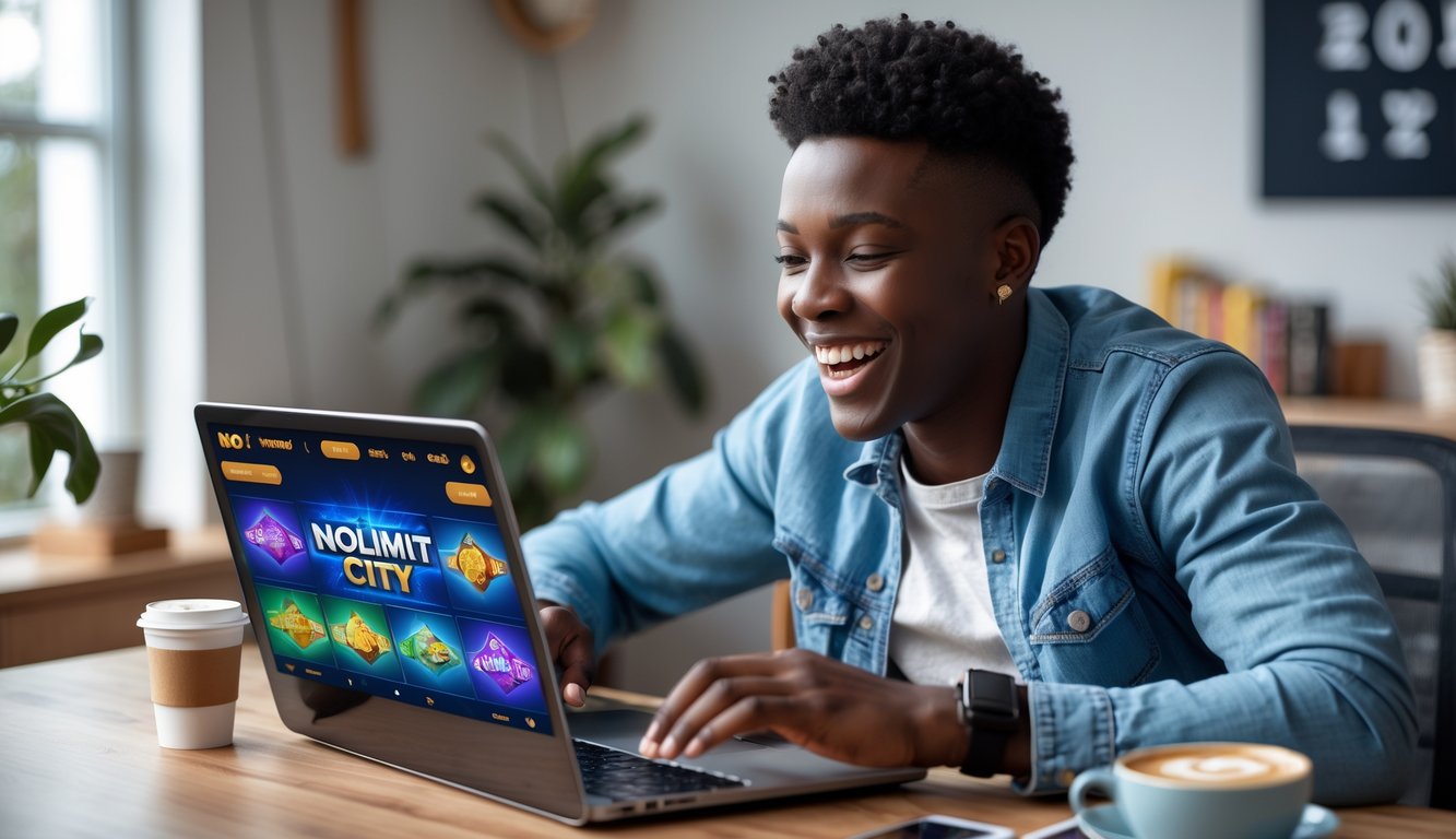 Seorang dewasa muda sedang bermain permainan slot online di laptop di ruang kerja rumah yang nyaman.