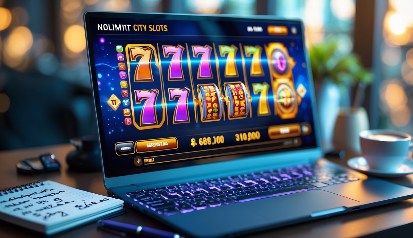 Seorang pemain sedang menggunakan komputer dengan tampilan permainan slot online berwarna-warni, di meja terdapat catatan dan cangkir kopi.