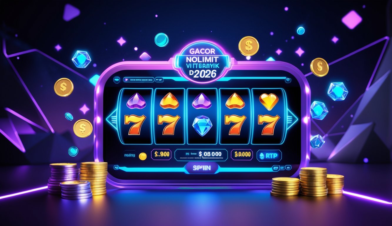 Antarmuka mesin slot digital futuristik dengan gulungan berwarna-warni dan lampu neon, menampilkan suasana permainan slot online yang menarik dan modern.