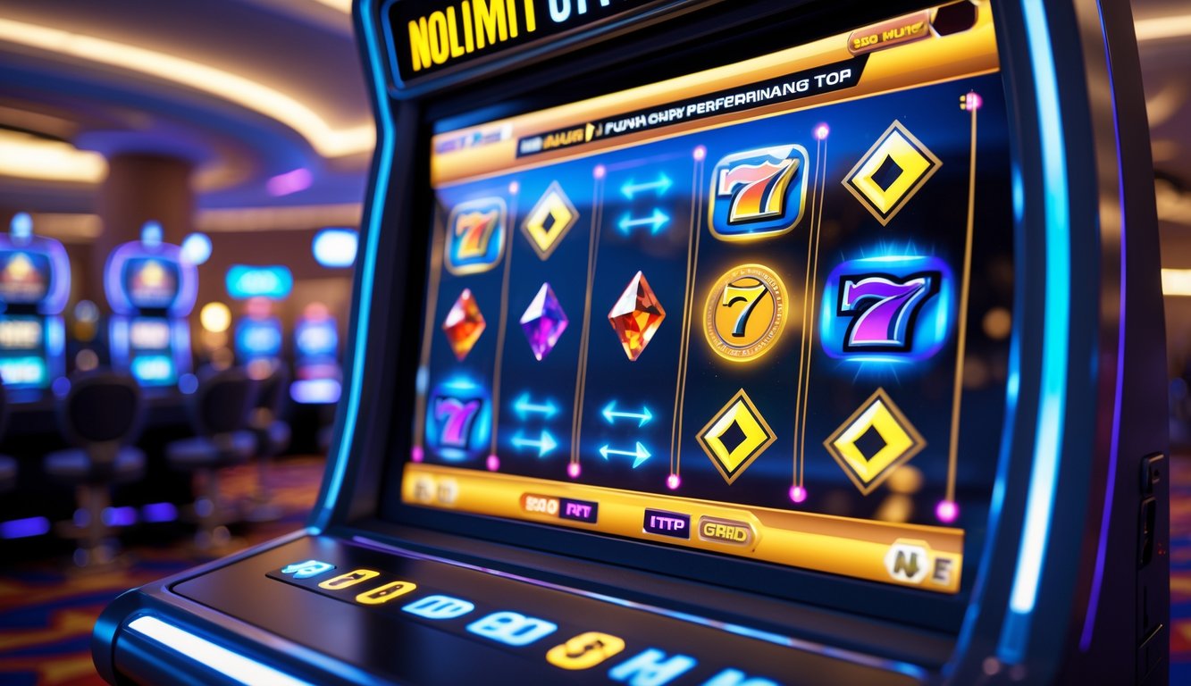 Mesin slot digital modern dengan layar berwarna cerah menampilkan simbol keberuntungan di latar kasino yang samar.