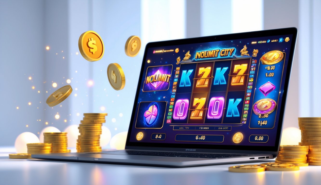 Seorang pengguna sedang bermain permainan slot online di komputer dengan tampilan permainan yang berwarna-warni dan simbol-simbol unik.