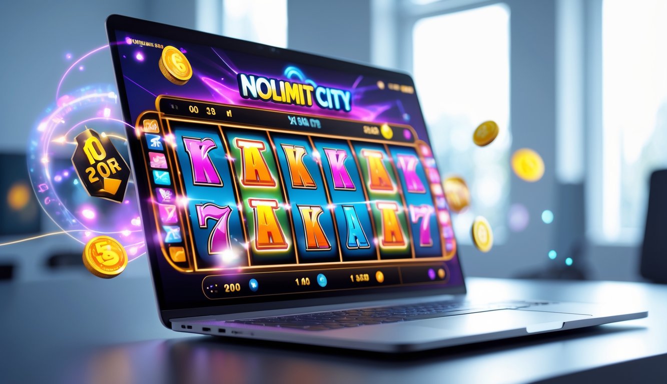 Seorang pengguna sedang bermain permainan slot online dengan layar komputer yang menampilkan gulungan slot berwarna-warni di ruang kerja modern.