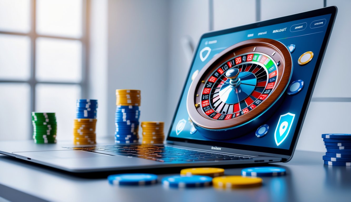 Sebuah meja permainan roulette online dengan roda roulette dan chip berwarna-warni di layar komputer, menggambarkan permainan roulette yang aman dan terpercaya.
