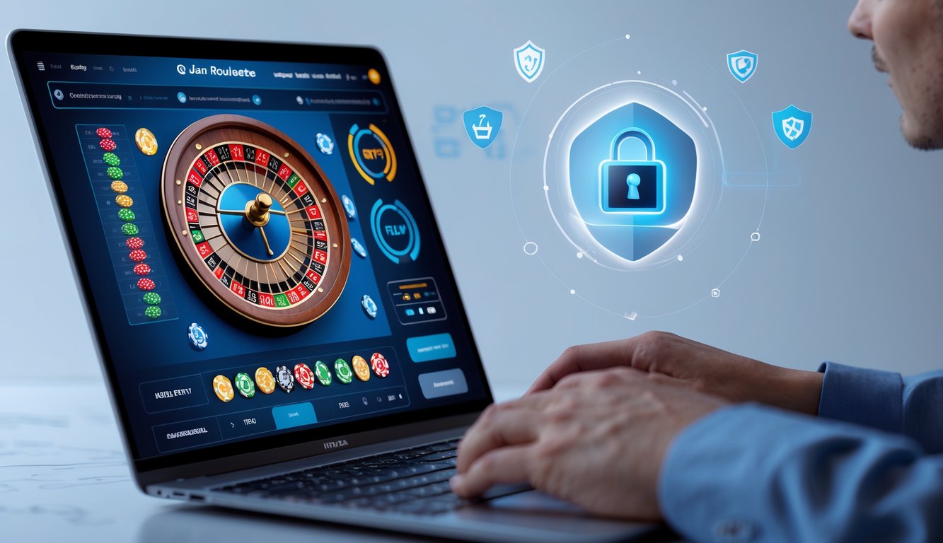Seorang pemain menggunakan komputer dengan tampilan roda roulette online yang aman dan terpercaya.