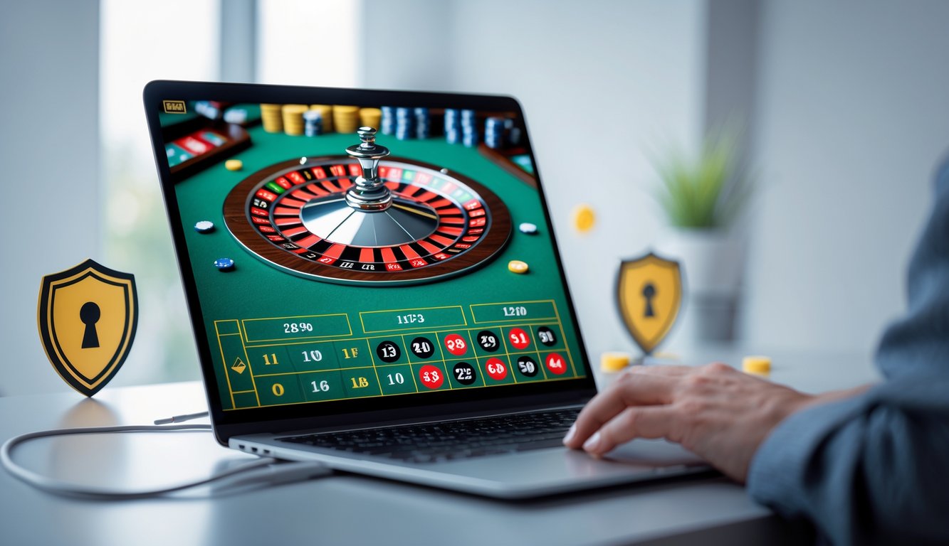 Seorang pemain menggunakan komputer dengan tampilan roda roulette digital yang jelas dan lingkungan yang bersih serta modern.