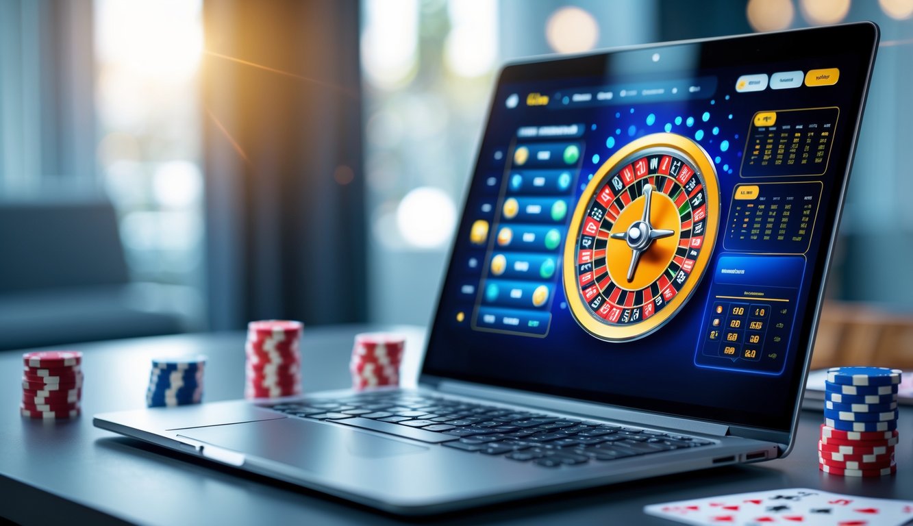 Sebuah laptop menampilkan roda roulette digital di meja kerja yang rapi dengan chip poker dan kartu bermain di sekitarnya.