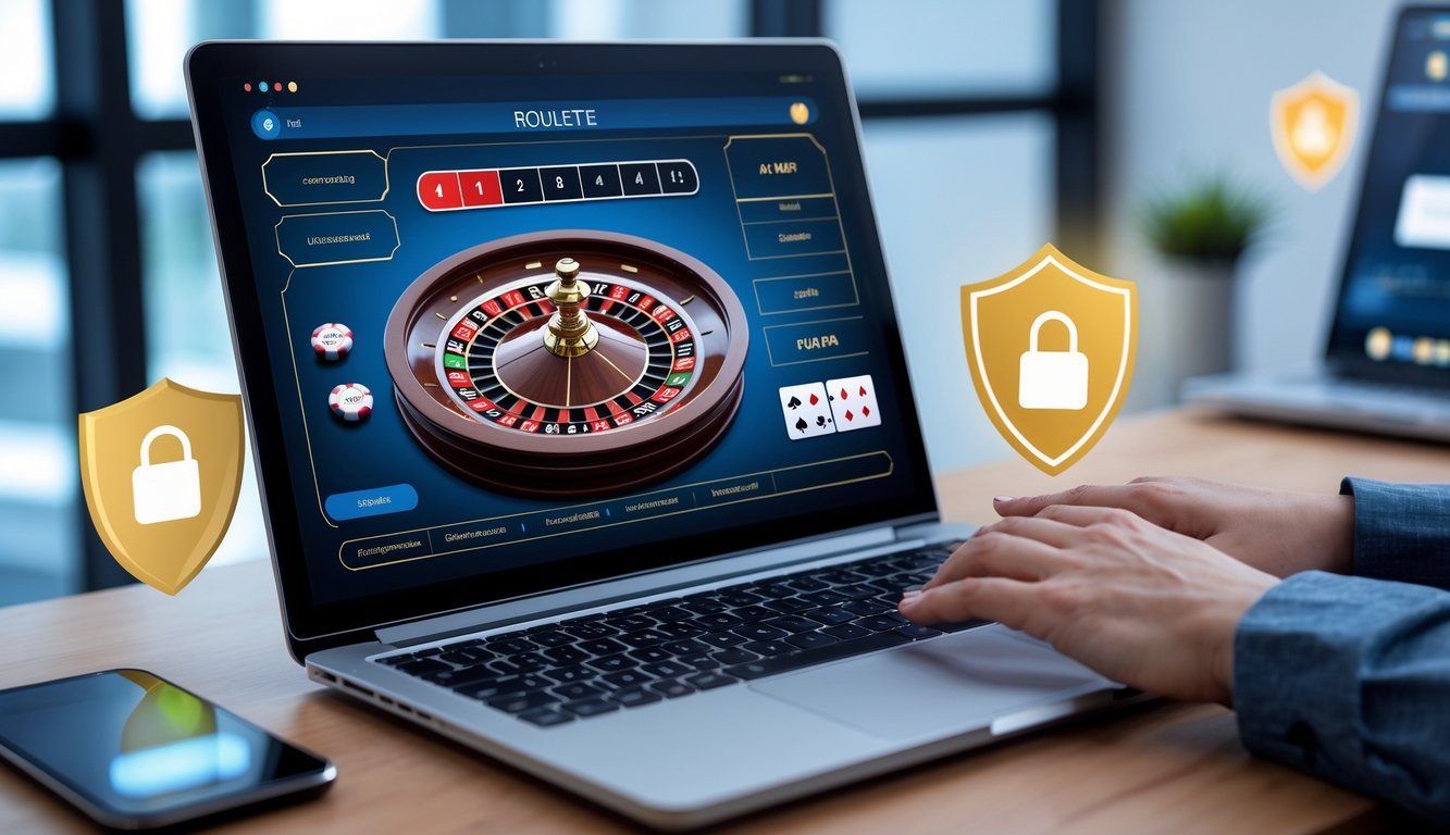 Seseorang menggunakan laptop dengan tampilan permainan roulette online dan simbol keamanan di sekitarnya.