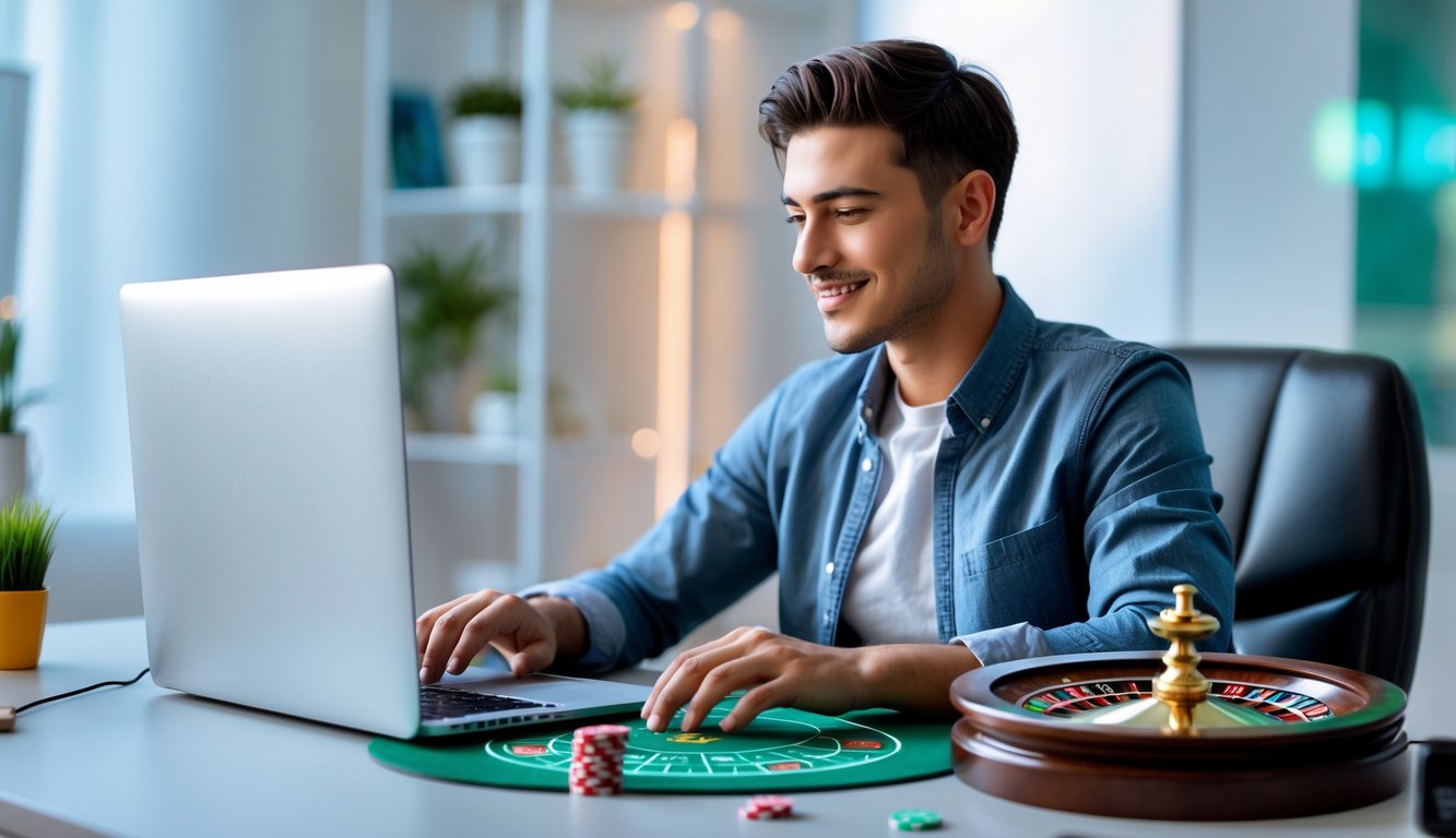 Seorang dewasa muda duduk di meja komputer modern sambil bermain roulette online dengan suasana ruangan yang terang dan nyaman.