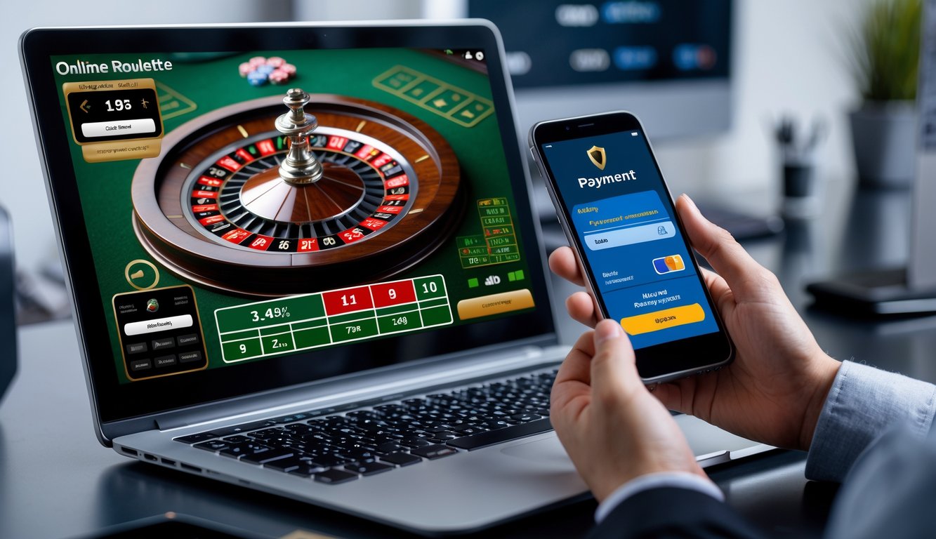 Seseorang menggunakan laptop dan ponsel untuk bermain roulette online dengan tampilan pembayaran cepat dan aman di meja kerja yang rapi.