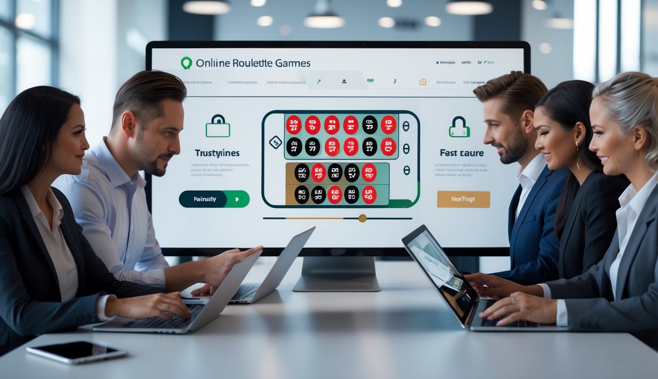 Orang-orang menggunakan perangkat elektronik untuk bermain roulette online di ruang kantor modern yang terang dan rapi.