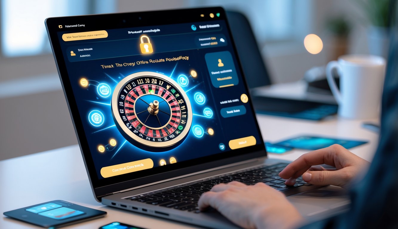 Seseorang menggunakan laptop dengan tampilan roda roulette digital dan ikon keamanan di layar, di meja kerja yang rapi.