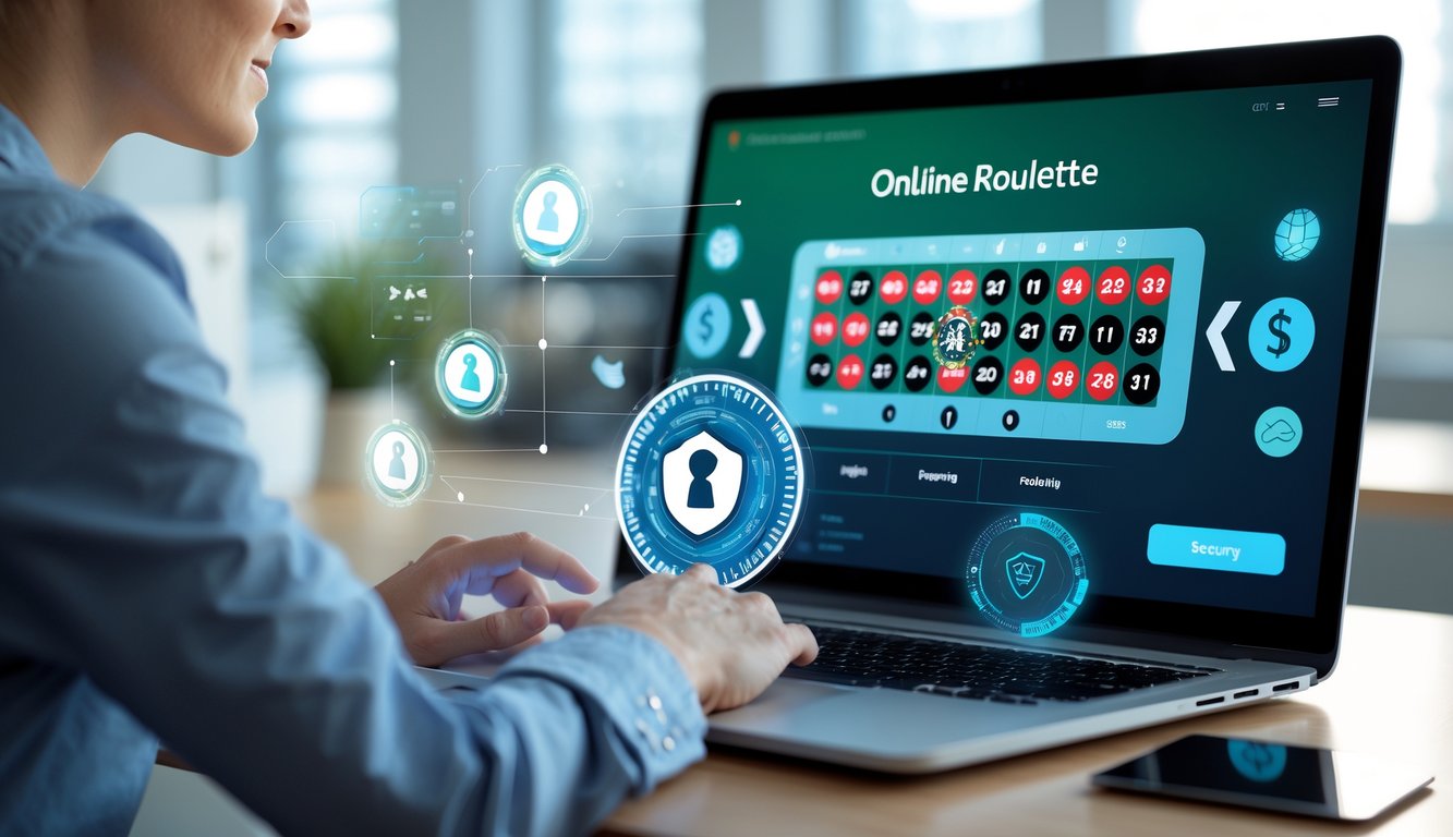 Seseorang menggunakan komputer dengan tampilan permainan roulette online yang menunjukkan ikon keamanan dan transaksi yang aman.
