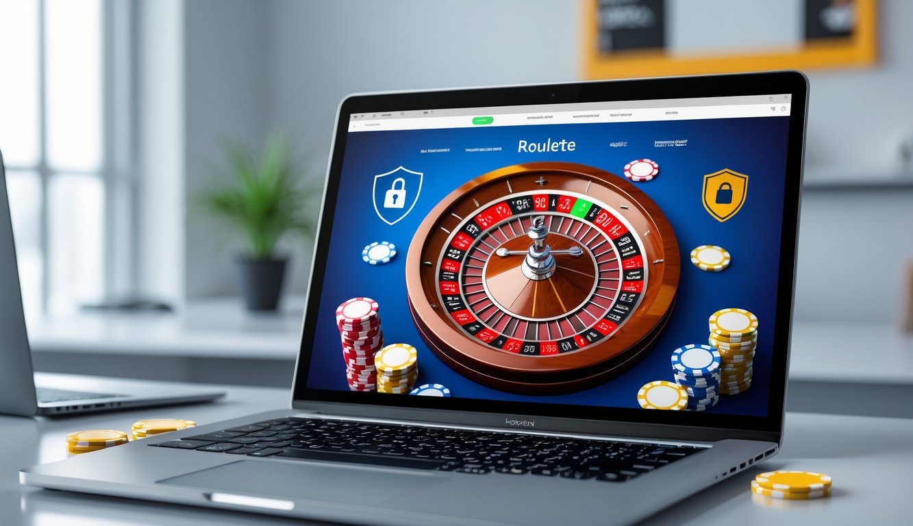 Seseorang menggunakan komputer dengan tampilan roda roulette dan chip di layar, menunjukkan situs roulette online yang aman dan terpercaya.