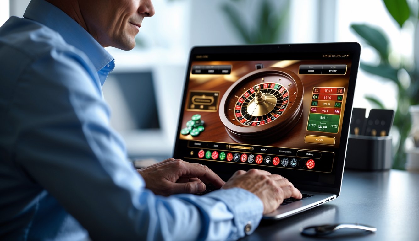 Seseorang duduk di meja dengan laptop yang menampilkan permainan roulette online, terlihat fokus dan aman dalam suasana ruang kerja modern.