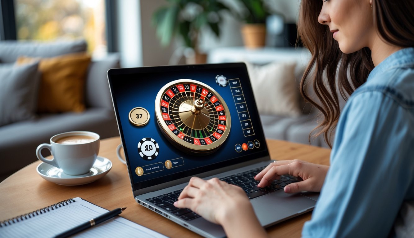 Seorang wanita muda bermain roulette online di laptop di dalam ruangan yang nyaman dan terang.