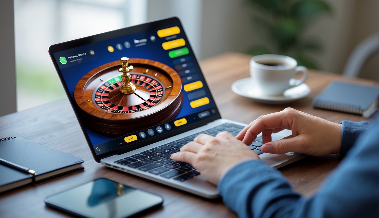 Seseorang menggunakan komputer dengan tampilan roda roulette digital yang berwarna cerah di layar dalam suasana rumah yang nyaman.