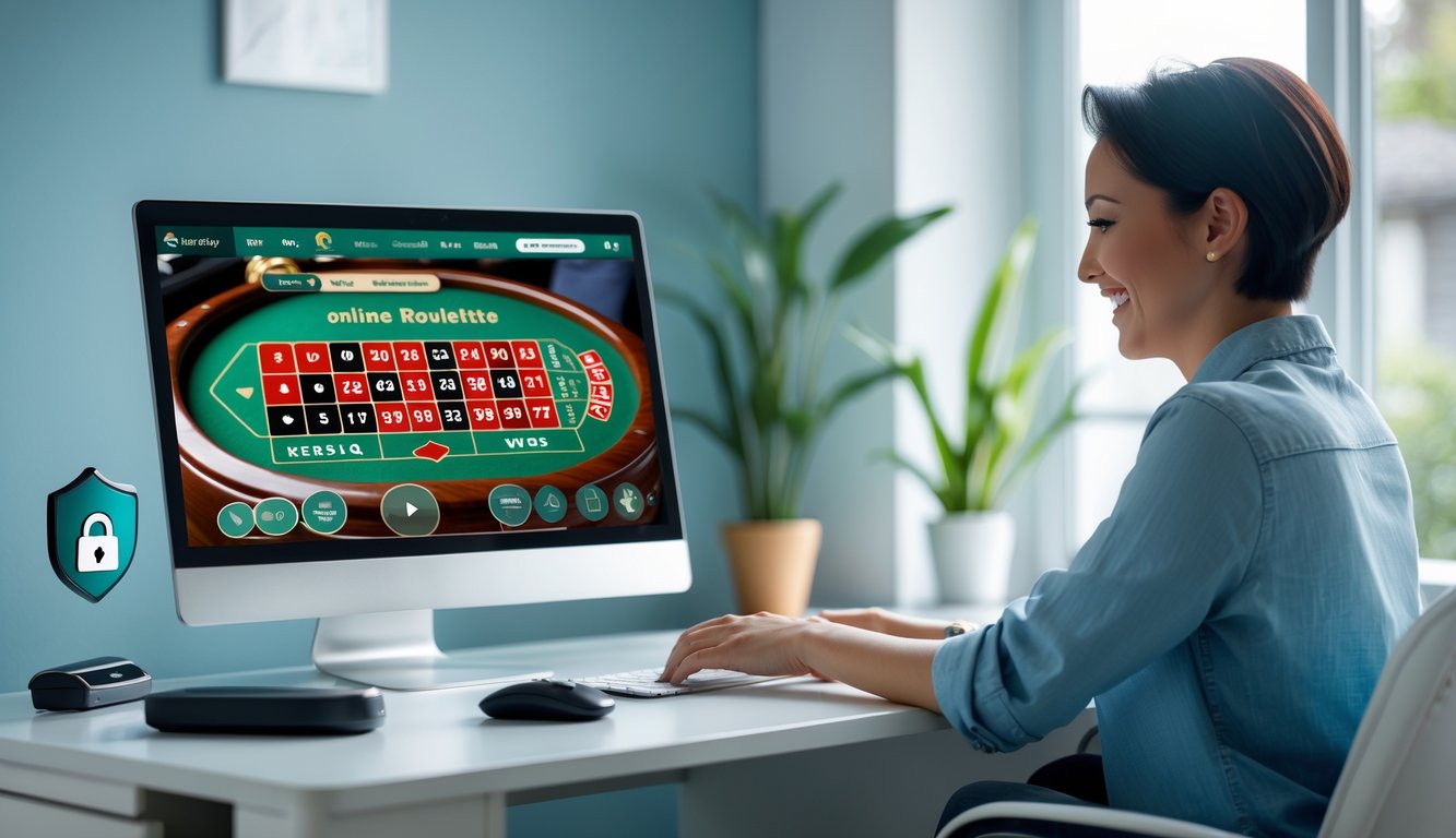 Seorang pria tersenyum bermain roulette online di komputer di ruang kerja yang rapi dan terang.