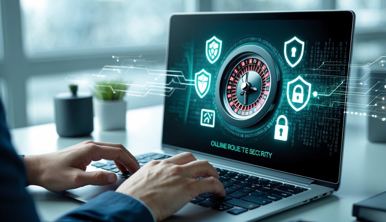 Seorang pengguna sedang menggunakan laptop dengan tampilan roda roulette digital dan ikon keamanan seperti gembok dan perisai di layar, menggambarkan transaksi online yang aman dan perlindungan data.