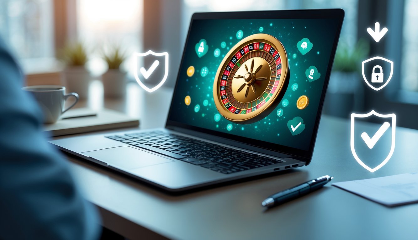 Seorang pengguna sedang melihat roda roulette online yang aman dan terpercaya di layar laptop di sebuah meja kerja yang rapi.