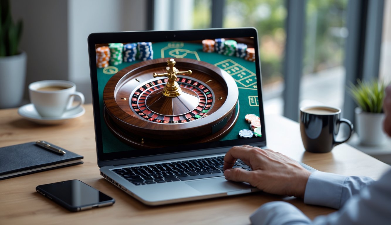 Seseorang sedang menggunakan laptop dengan tampilan roda roulette dan chip taruhan di layar, di ruang kerja rumah yang terang dan rapi.