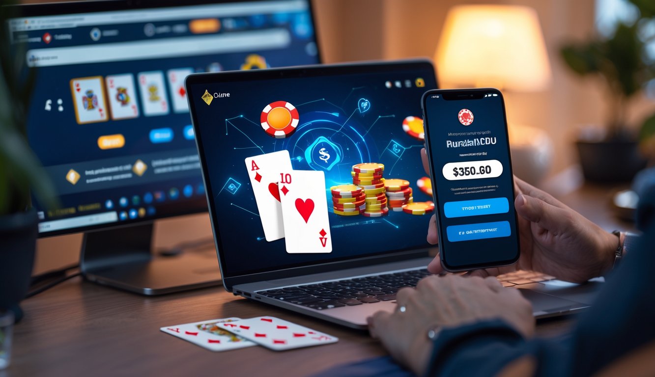 Seorang pemain menggunakan komputer dan ponsel untuk bermain poker online dengan chip dan kartu di layar.