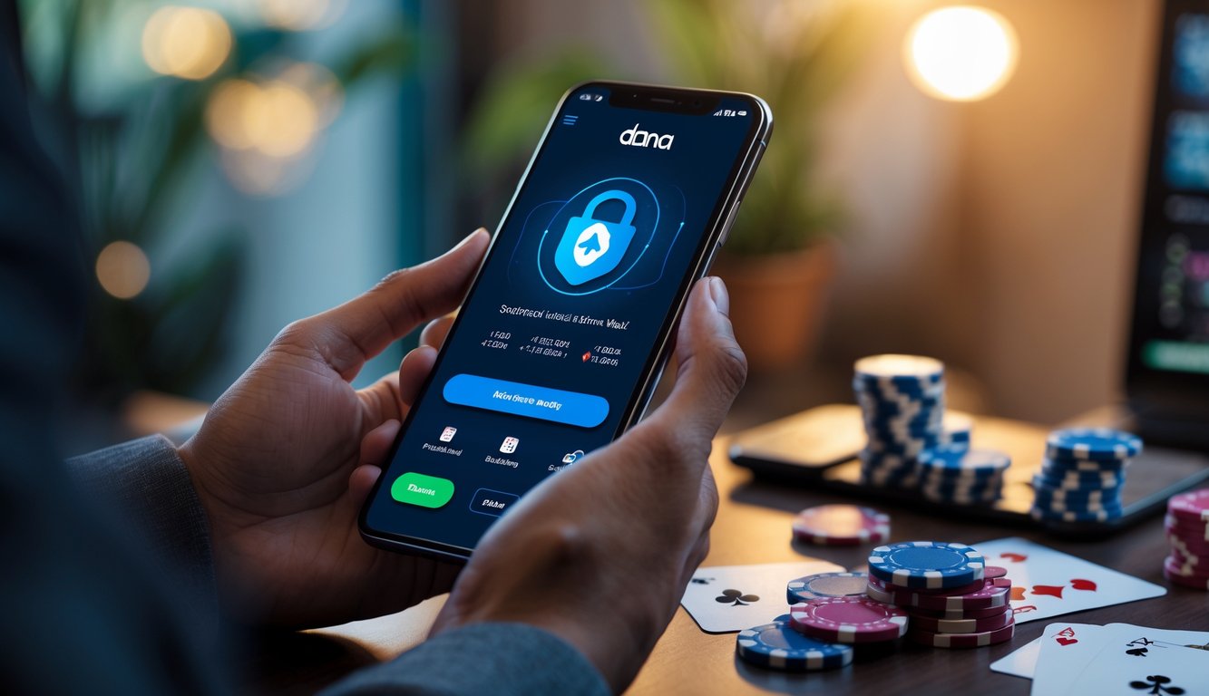 Tangan seseorang memegang ponsel yang menampilkan aplikasi dompet digital Dana dengan latar belakang kartu poker dan chip di meja.