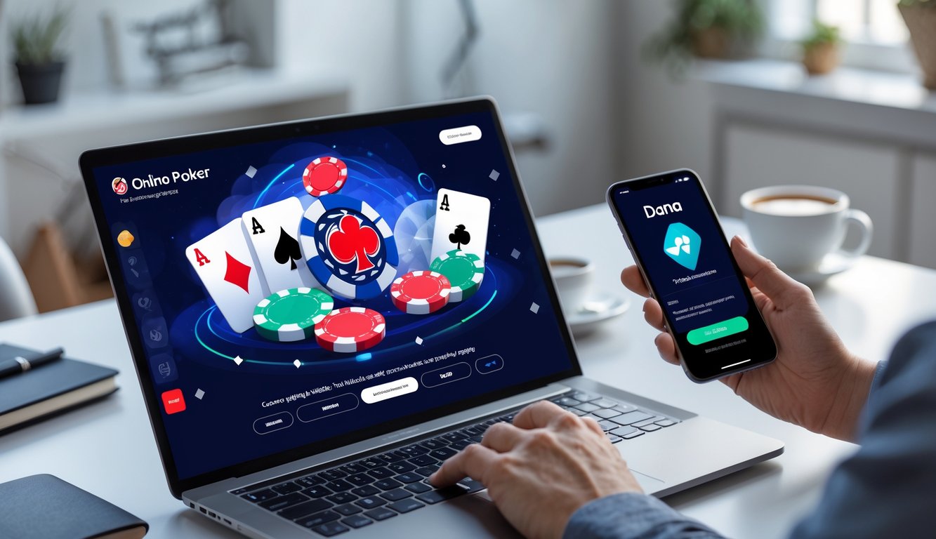 Seseorang bermain poker online menggunakan laptop dan smartphone dengan aplikasi Dana terbuka di lingkungan rumah yang nyaman.