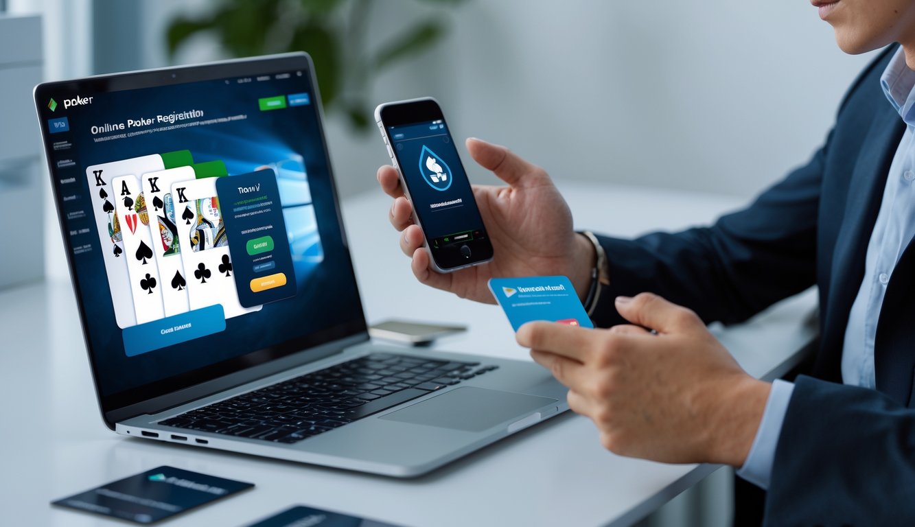 Seorang dewasa muda sedang duduk di meja dengan laptop dan ponsel, tampak fokus menggunakan aplikasi poker online dan melakukan verifikasi akun.