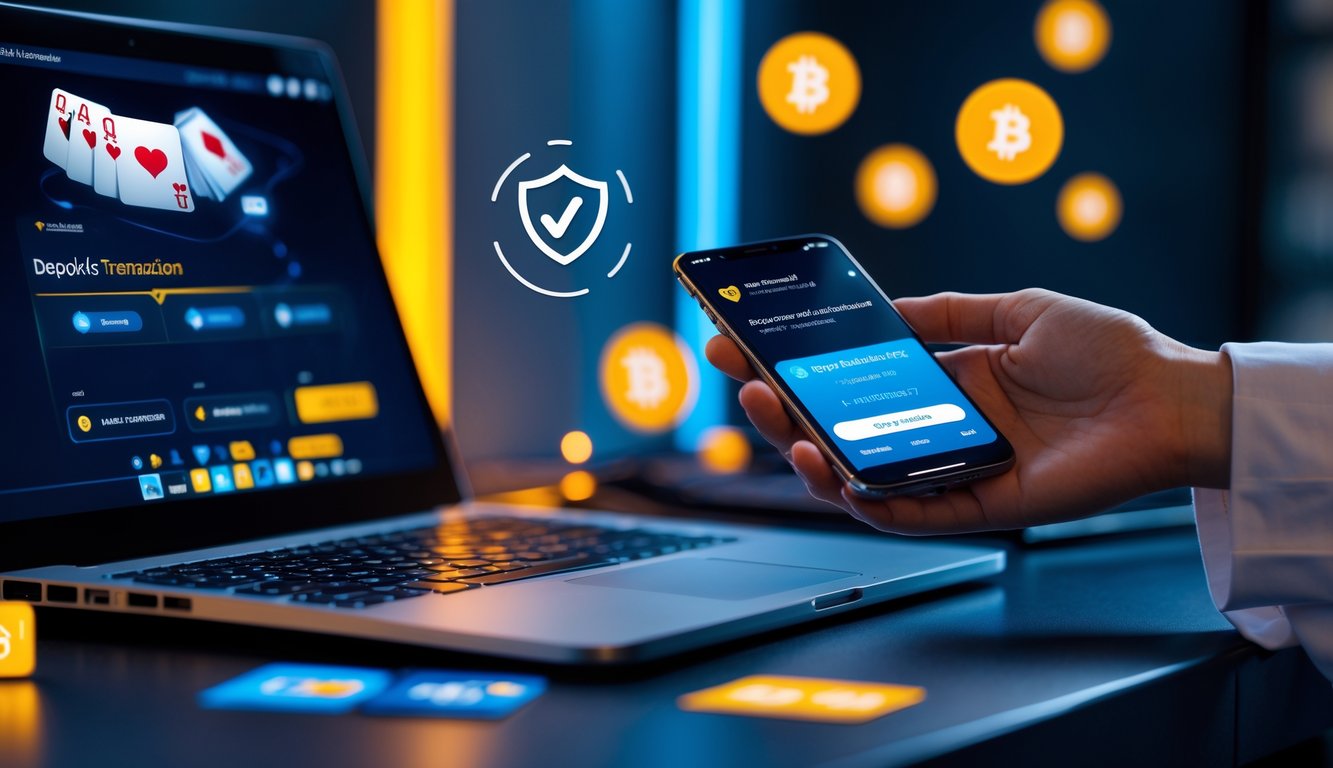 Seorang pengguna sedang melakukan transaksi deposit cepat dan aman untuk bermain poker online menggunakan laptop dan ponsel di meja kerja.