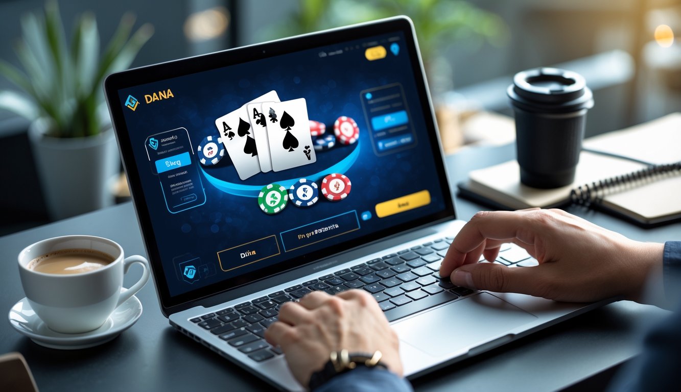 Seorang pria menggunakan laptop dan smartphone untuk bermain poker online dengan tampilan aplikasi pembayaran yang aman di meja kerja.