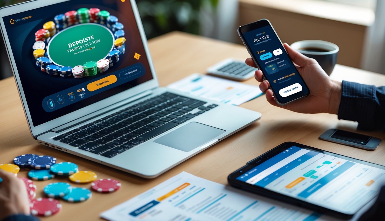 Meja kerja dengan laptop yang menampilkan permainan poker online, tumpukan chip poker, kartu bermain, dan tangan seseorang memegang ponsel dengan aplikasi perbankan untuk melakukan deposit.