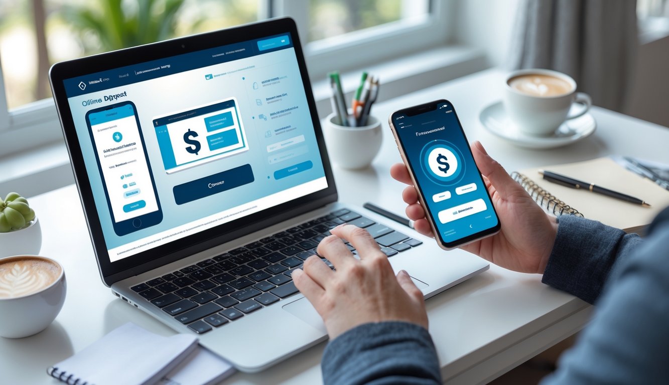 Seseorang sedang menyiapkan deposit dana secara online dengan laptop dan ponsel di meja kerja yang rapi.