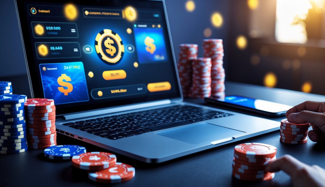Seorang pengguna duduk di depan laptop dan smartphone dengan permainan poker online dan chip poker di meja, menunjukkan aktivitas deposit dan bonus dalam poker online.