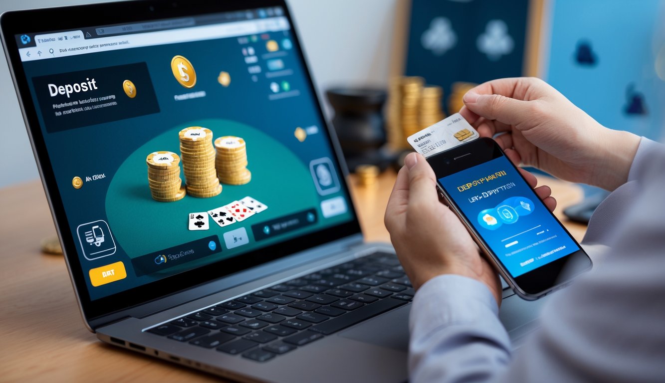 Seseorang menggunakan kartu kredit dan smartphone di depan komputer yang menampilkan permainan poker online dengan tumpukan chip dan kartu.