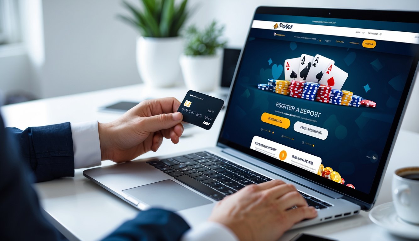 Seseorang sedang mendaftar dan melakukan deposit dana di situs poker online menggunakan laptop di meja kerja.