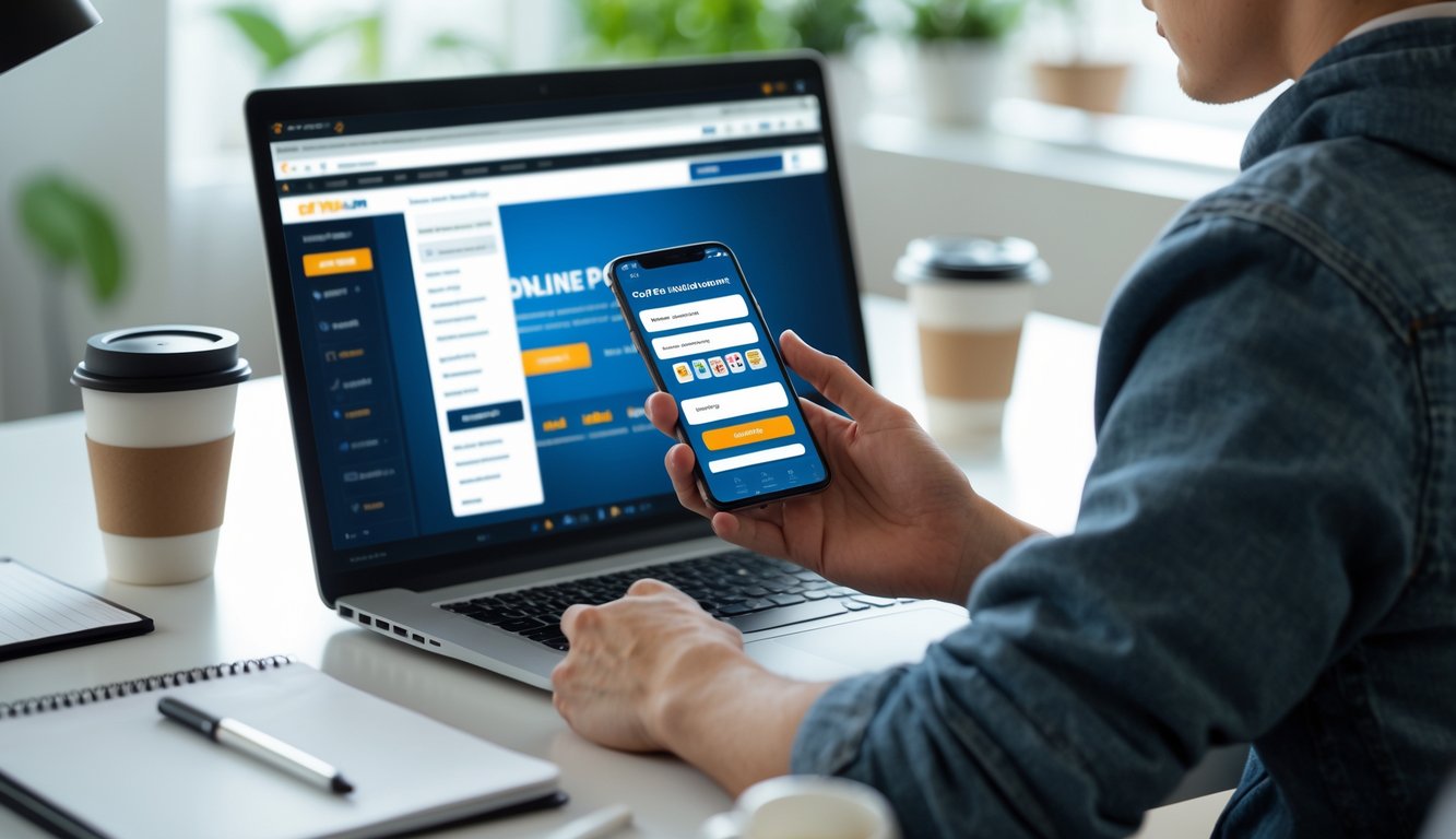 Seseorang sedang menggunakan laptop dan ponsel di meja kerja untuk mendaftar dan melakukan deposit di situs poker online.