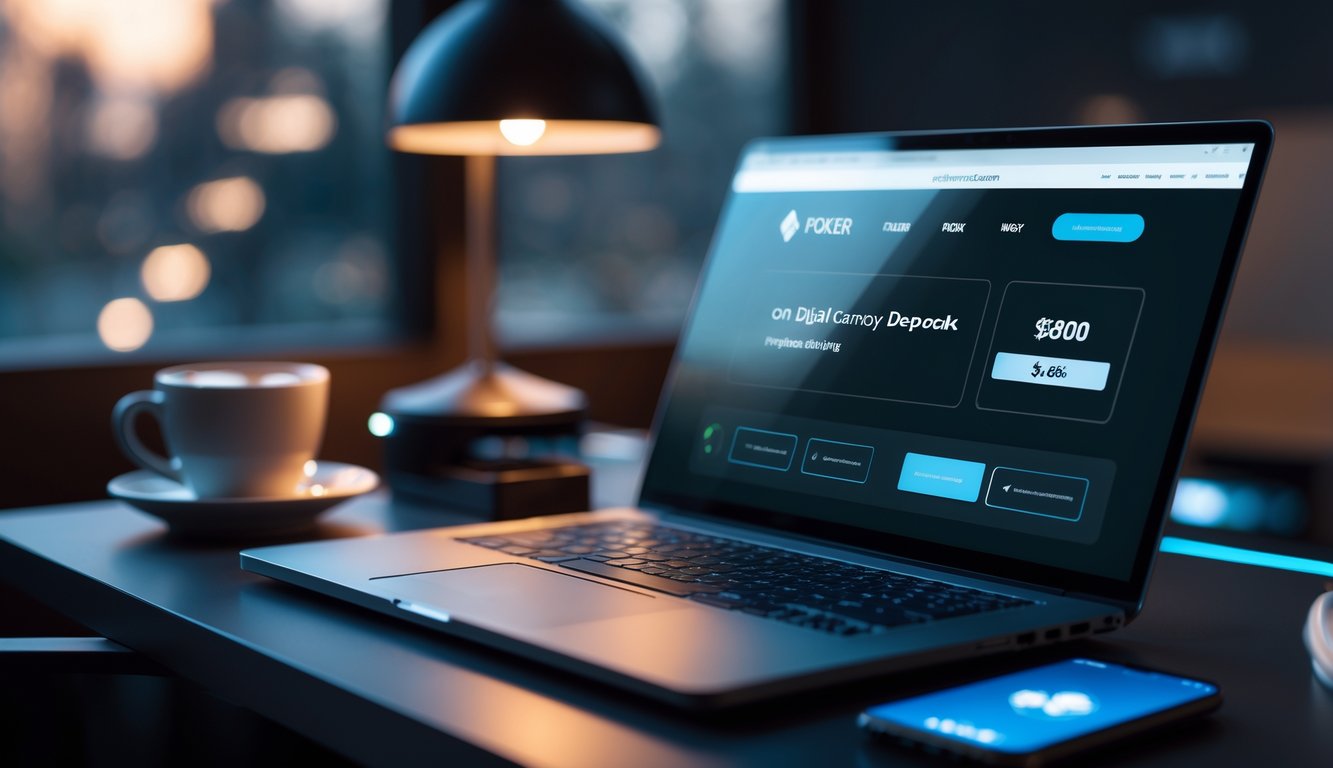 Seorang pengguna sedang bermain poker online di laptop dengan ponsel dan secangkir kopi di meja kerja.