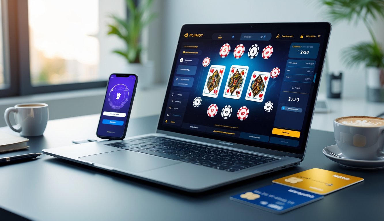 Seorang profesional bekerja dengan laptop yang menampilkan permainan poker online dan perangkat digital untuk transaksi deposit di lingkungan kantor yang terang dan rapi.