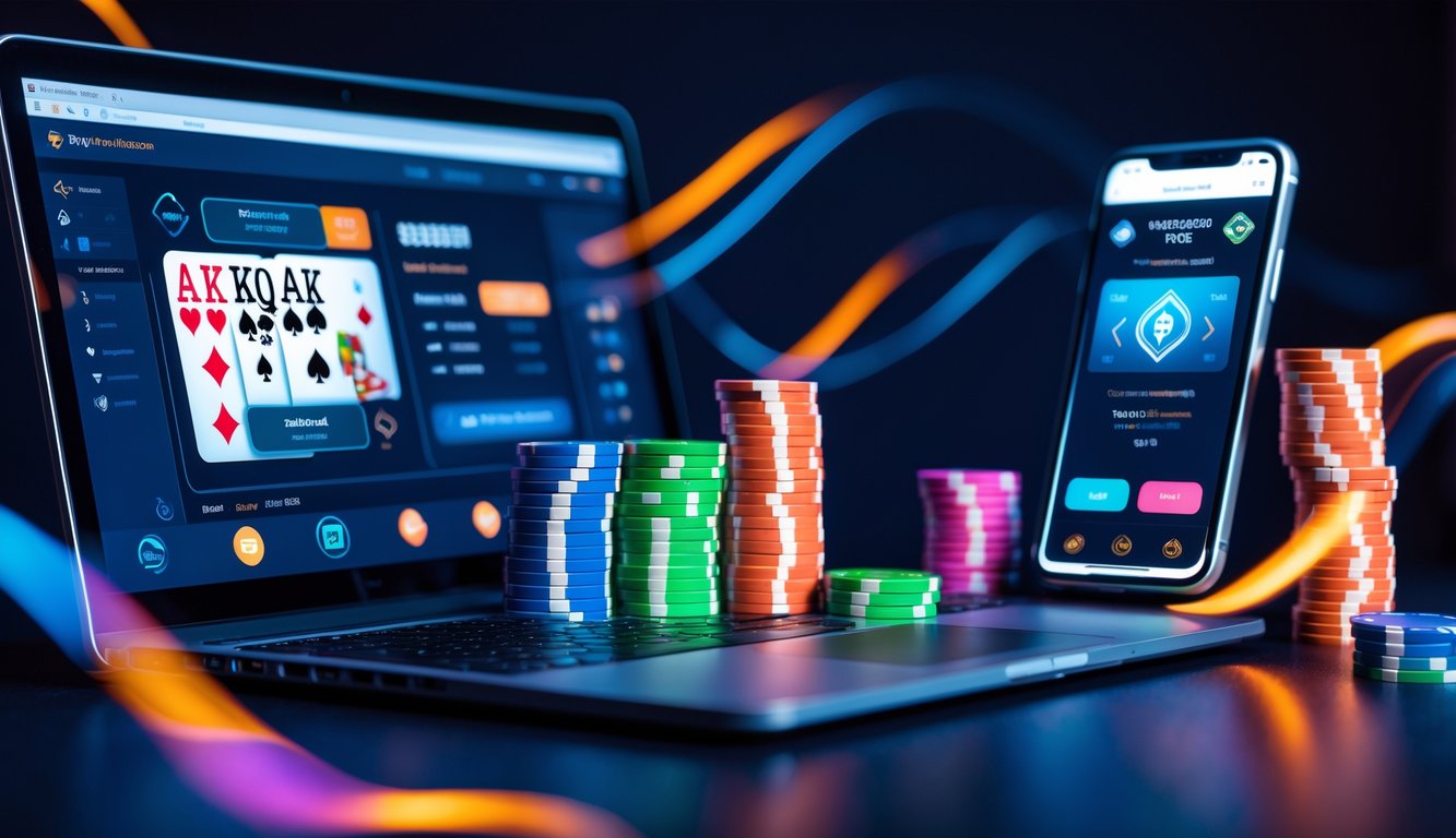 Seorang pemain poker online menggunakan laptop dan smartphone dengan chip poker di meja, menampilkan suasana permainan dan pembayaran digital yang cepat.
