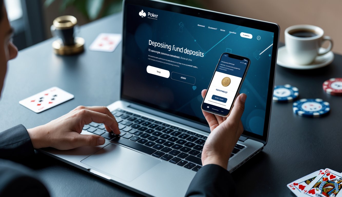 Seseorang menggunakan laptop dan ponsel untuk melakukan deposit dana di situs poker online dengan latar belakang chip poker dan kartu remi.