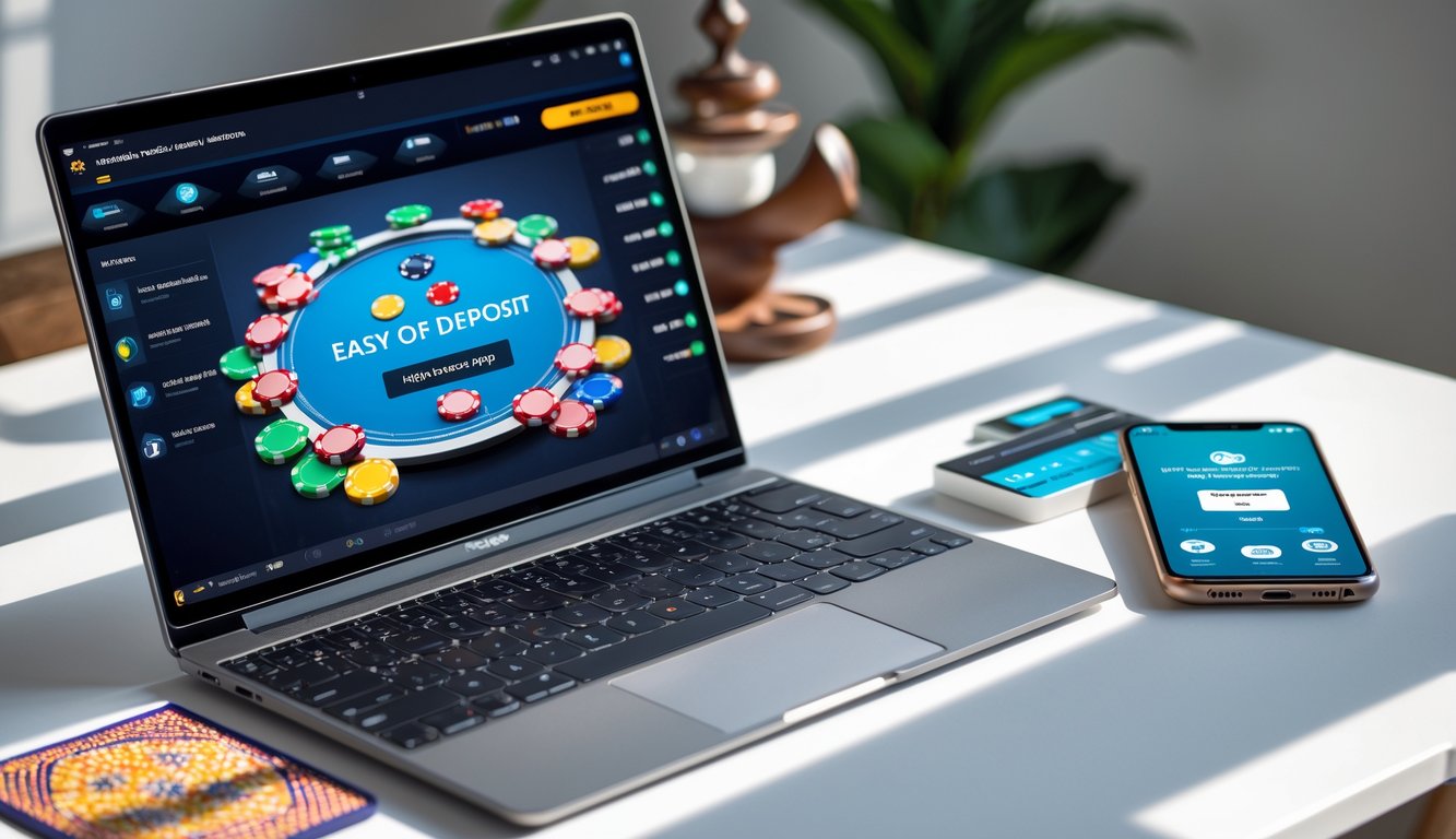 Seorang pengguna sedang bermain poker online di laptop dengan aplikasi deposit dana mudah terbuka di ponsel di meja kerja yang rapi.