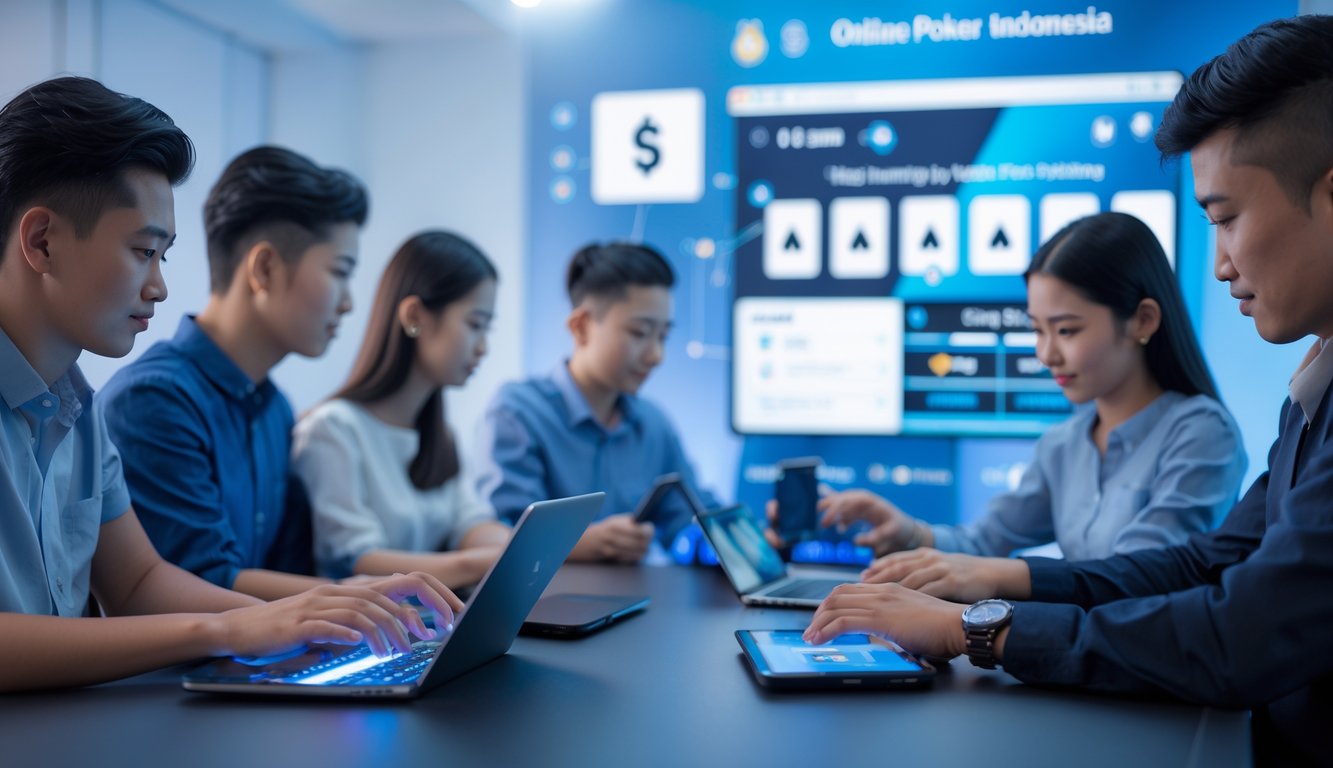 Beberapa orang sedang bermain poker online menggunakan perangkat digital dalam ruangan yang terang dan modern.