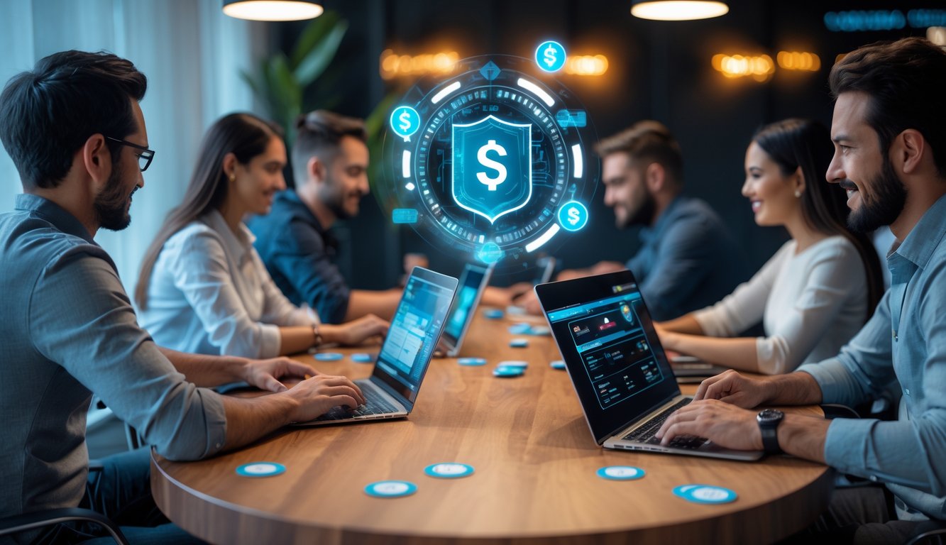Beberapa orang menggunakan laptop dan ponsel di meja modern, melakukan transaksi deposit aman dan cepat untuk bermain poker online.