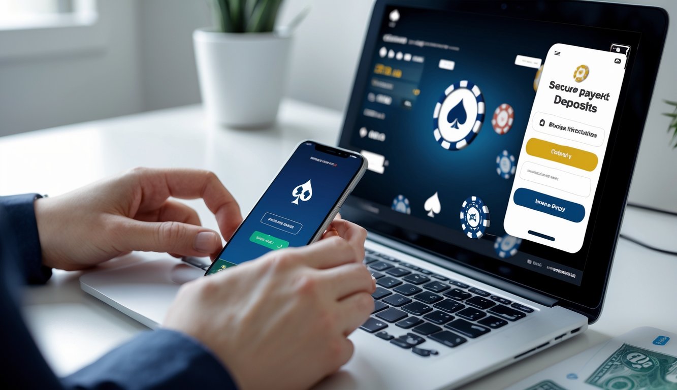 Seseorang menggunakan laptop dan ponsel untuk melakukan transaksi deposit dana di situs poker online dengan suasana yang aman dan terpercaya.