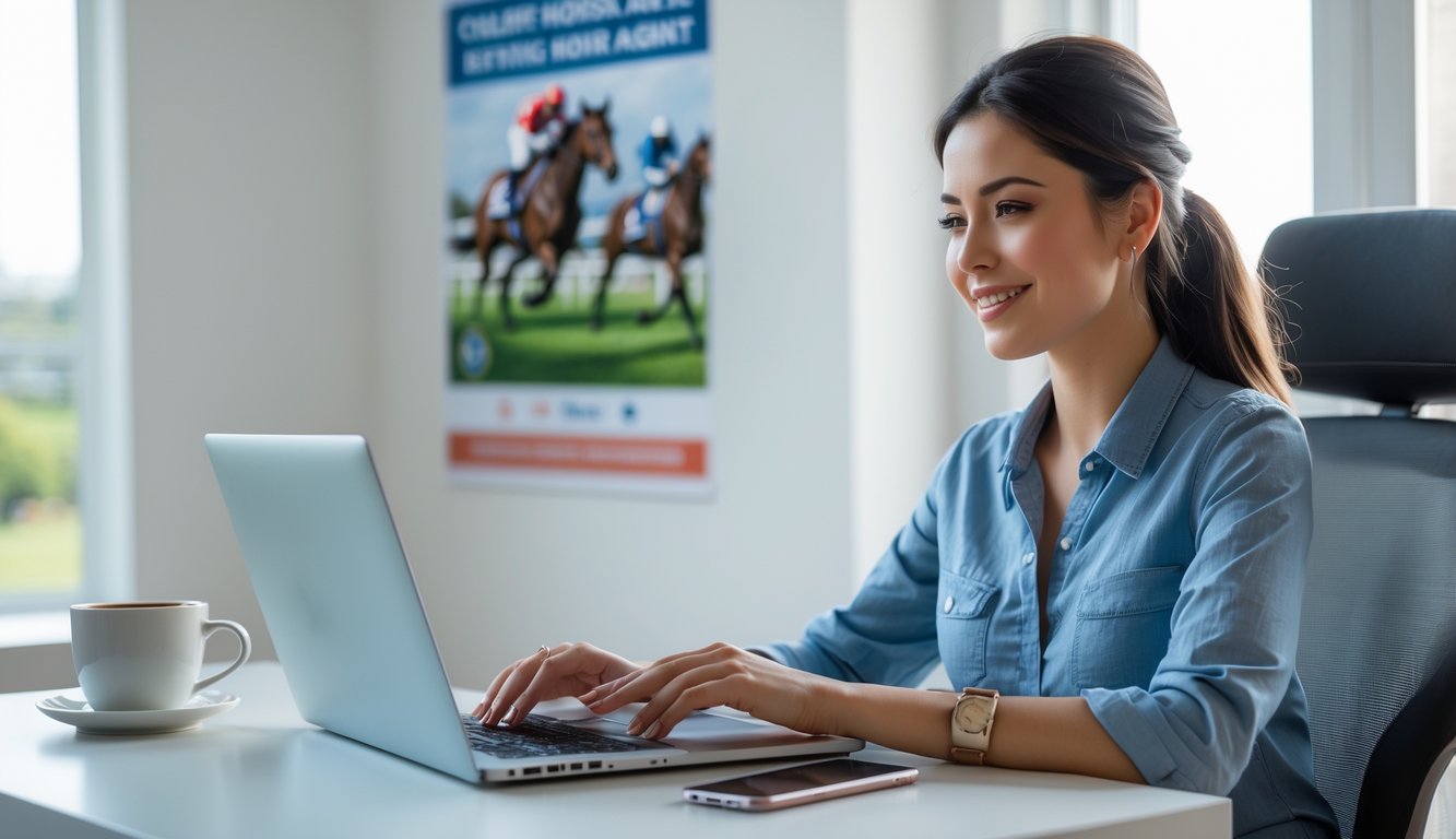 Seorang wanita muda duduk di meja dengan laptop, terlihat fokus dan tersenyum saat mendaftar secara online untuk agen resmi balap kuda.