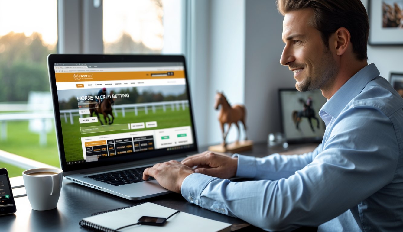 Seorang pria sedang duduk di meja dengan laptop terbuka, fokus menggunakan situs agen balap kuda online di ruangan kantor rumah yang rapi.